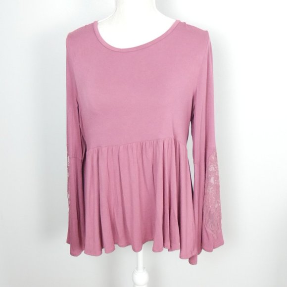 American Eagle AEO Dusty Pink Lace Bell Sleeve Peplum Top with Tie Back Large - Picture 1 of 11